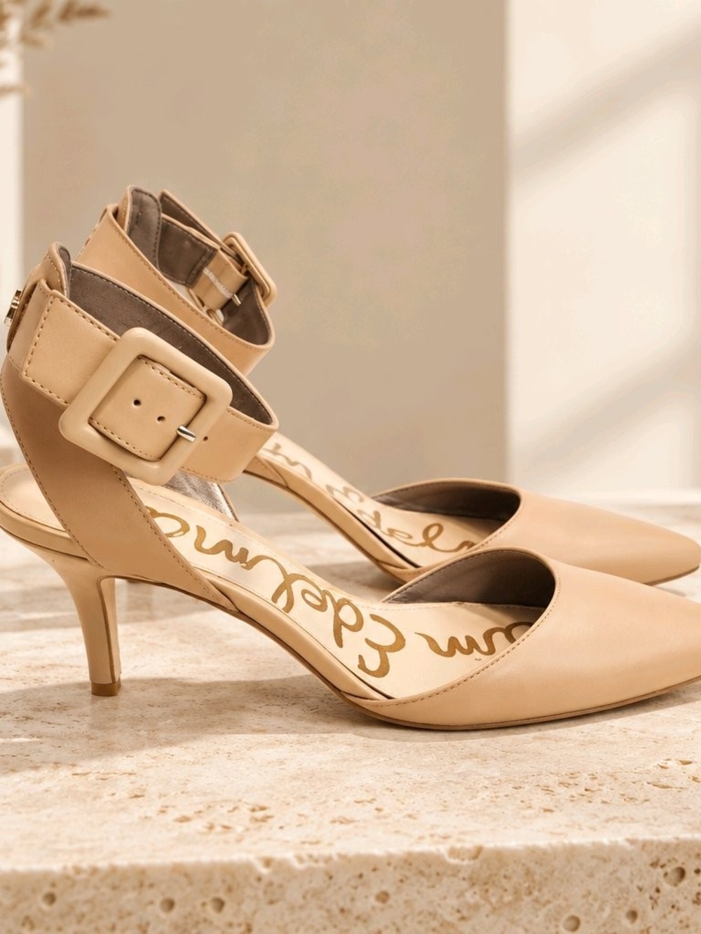 Sam Edelman Okala Nude Leather Pointed-Toe Ankle Strap Pumps - Size 7